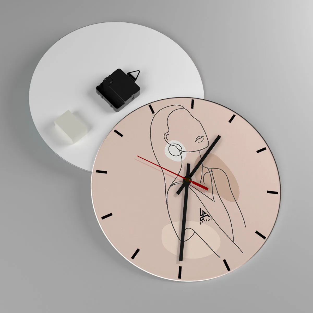 Reloj de pared - Reloj de vidrio - Una línea minimalista de una silueta femenina sobre un fondo beige. - 30x30cm - Un icono de la inocencia - Decoración de pared moderna para salón, cocina y dormitorio ARTTOR