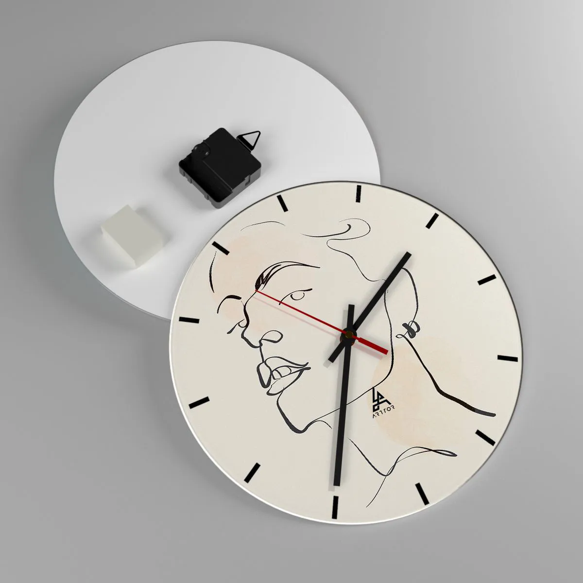 Väggklocka - Klocka på glas - En minimalistisk linje som skapar ett porträtt av en kvinna mot en ljus bakgrund - 30x30cm - Stolt blick - Modern väggdekoration för vardagsrum, kök och sovrum ARTTOR