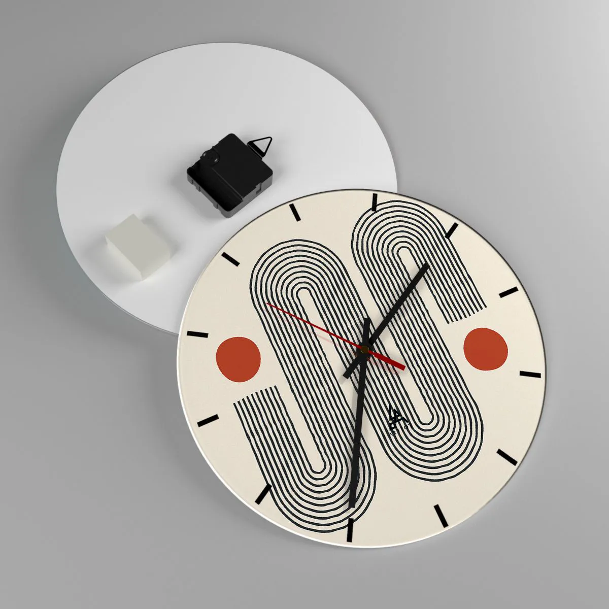 Falióra, Óra - Minimalista minta fekete vonalakkal és piros körökkel krémszínű alapon. - 30x30cm - Elejétől végéig - Modern fali dekoráció nappalihoz, konyhához és hálószobához ARTTOR
