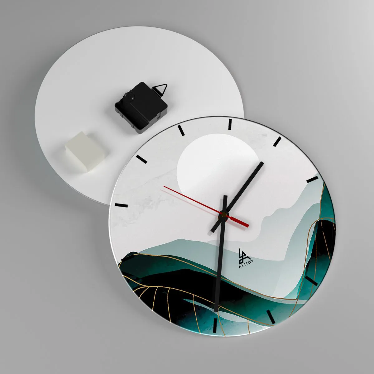 Relógio de parede - Relógio em vidro - Uma paisagem montanhosa minimalista com uma grande lua - 30x30cm - Em plena majestade - Decoração de parede moderna para a sala de estar, cozinha e quarto ARTTOR