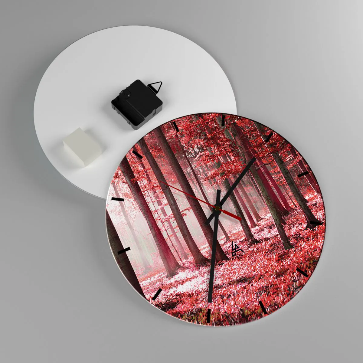 Nástěnné hodiny - Malebný les v červených odstínech v ranním světle - 30x30cm - Červená je stejně krásná - Moderní nástěnná dekorace do obývacího pokoje, kuchyně a ložnice ARTTOR