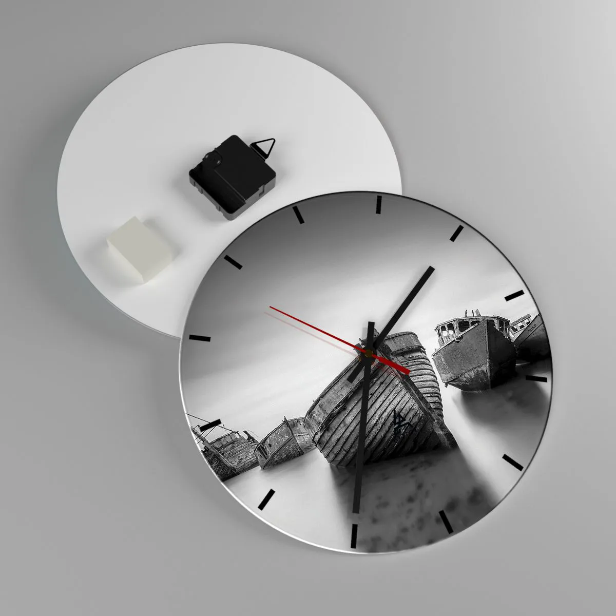 Wall clock - Clock on glass - Old fishing boats stranded on the shore in black and white - 30x30cm - Now Only a Memory - Modern wall decoration for the living room, kitchen, and bedroom ARTTOR