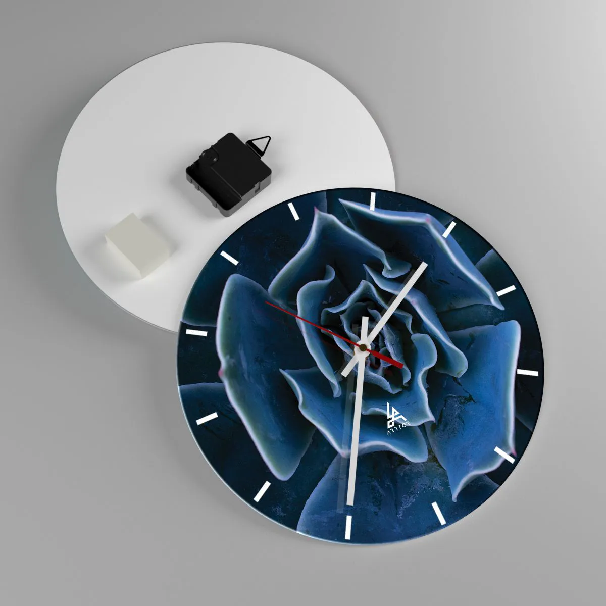 Wall clock - Clock on glass - Close-up of a succulent with navy blue leaves - 30x30cm - Flower of the Desert - Modern wall decoration for the living room, kitchen, and bedroom ARTTOR