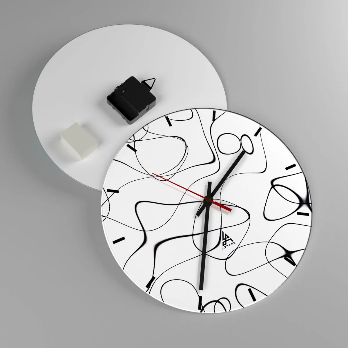 Wall clock - Clock on glass - Black abstract lines on a white background - 30x30cm - Life Paths, Trails of Fortune - Modern wall decoration for the living room, kitchen, and bedroom ARTTOR