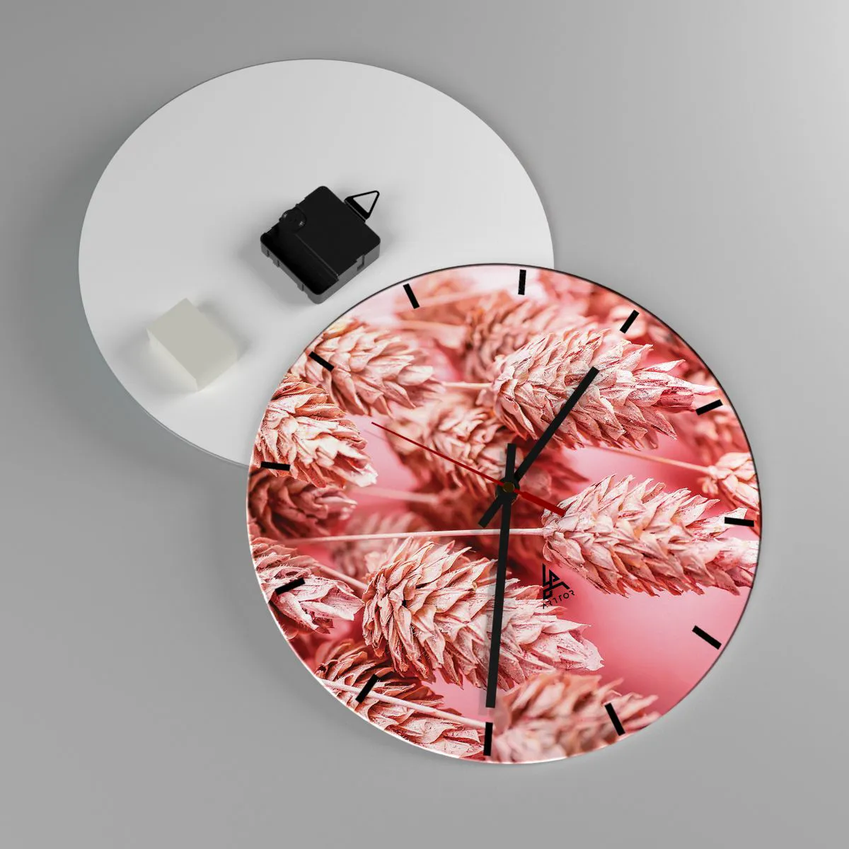 Wall clock - Clock on glass - Close-up of pink ears of corn on a pastel background - 30x30cm - Flowery Cascade in Pink - Modern wall decoration for the living room, kitchen, and bedroom ARTTOR