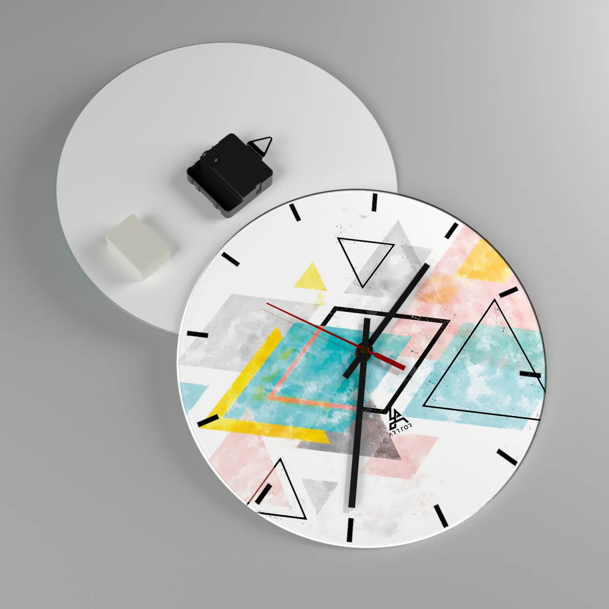Nástenné hodiny - Farebné trojuholníky a kosoštvorce v geometrickom štýle - 30x30cm - Geometrická hračka - Moderná nástenná dekorácia do obývacej izby, kuchyne a spálne ARTTOR