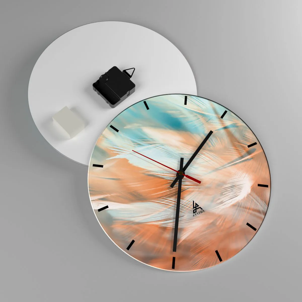 Ceas de perete - Ceas pe sticlă - Pene delicate în nuanțe pastelate de albastru și piersică - 30x30cm - În țara blândeții - Decorațiune modernă pentru perete pentru living, bucătărie și dormitor ARTTOR