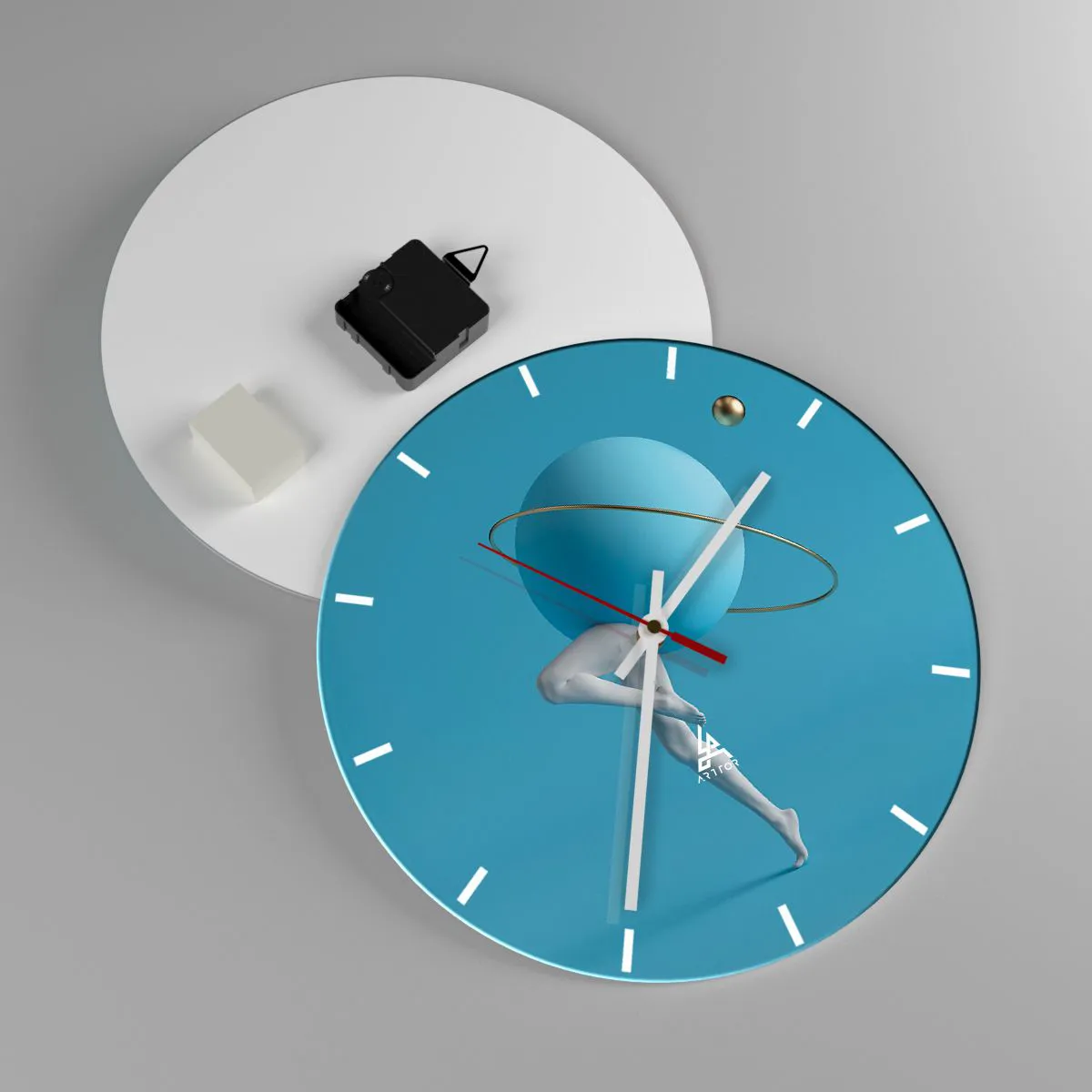 Ceas de perete - Ceas pe sticlă - O figură suprarealistă cu o sferă planetară pe cer - 30x30cm - Și planetele o iau razna - Decorațiune modernă pentru perete pentru living, bucătărie și dormitor ARTTOR