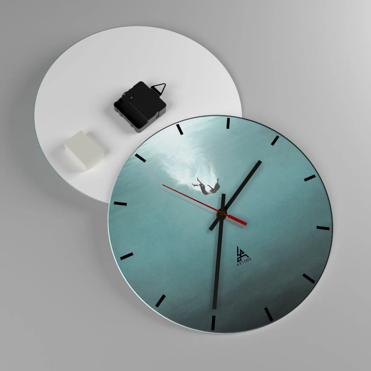 Wall clock - Clock on glass - The silhouette of a falling man immersed in the blue depths - 30x30cm - In the Arms of the Ocean - Modern wall decoration for the living room, kitchen, and bedroom ARTTOR