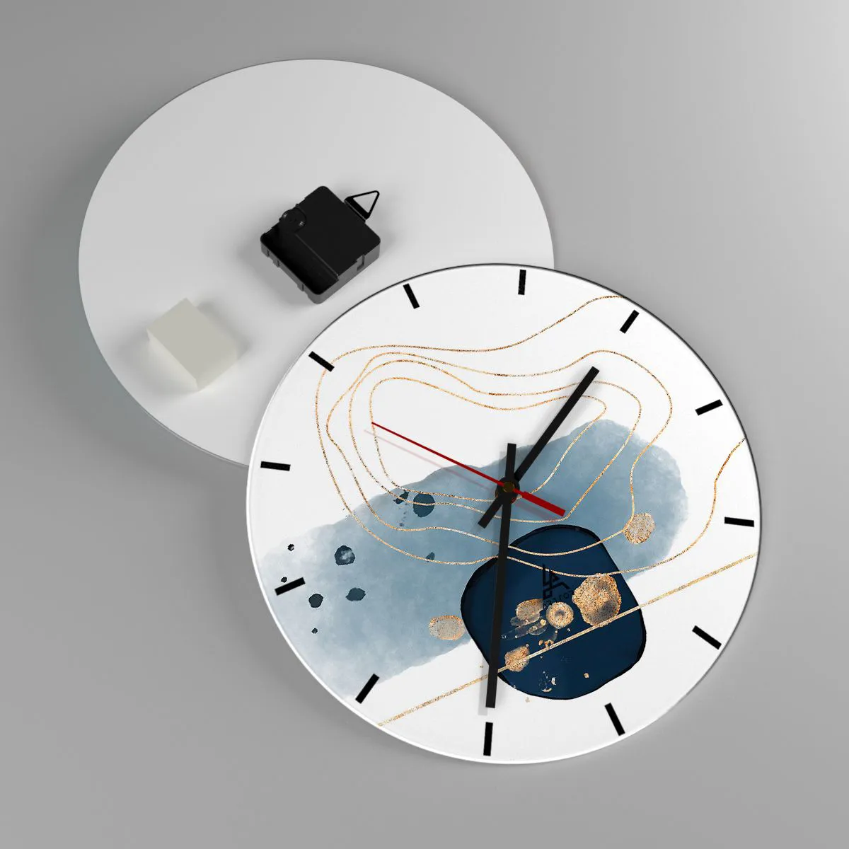 Wandklok - Klok - Abstracte compositie in tinten blauw en goud - 30x30cm - Blauw en goud fantasie - Moderne wanddecoratie voor woonkamer, keuken en slaapkamer ARTTOR