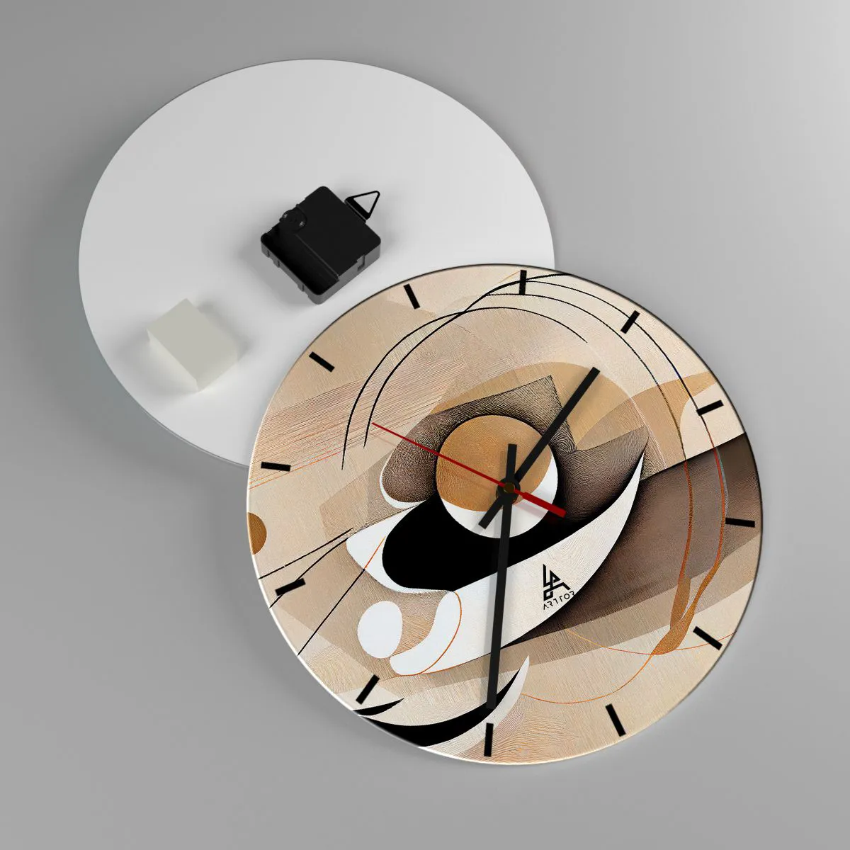 Wall clock - Clock on glass - A geometric composition with arcs and forms in shades of beige. - 30x30cm - Composition -the Heart of Things - Modern wall decoration for the living room, kitchen, and bedroom ARTTOR