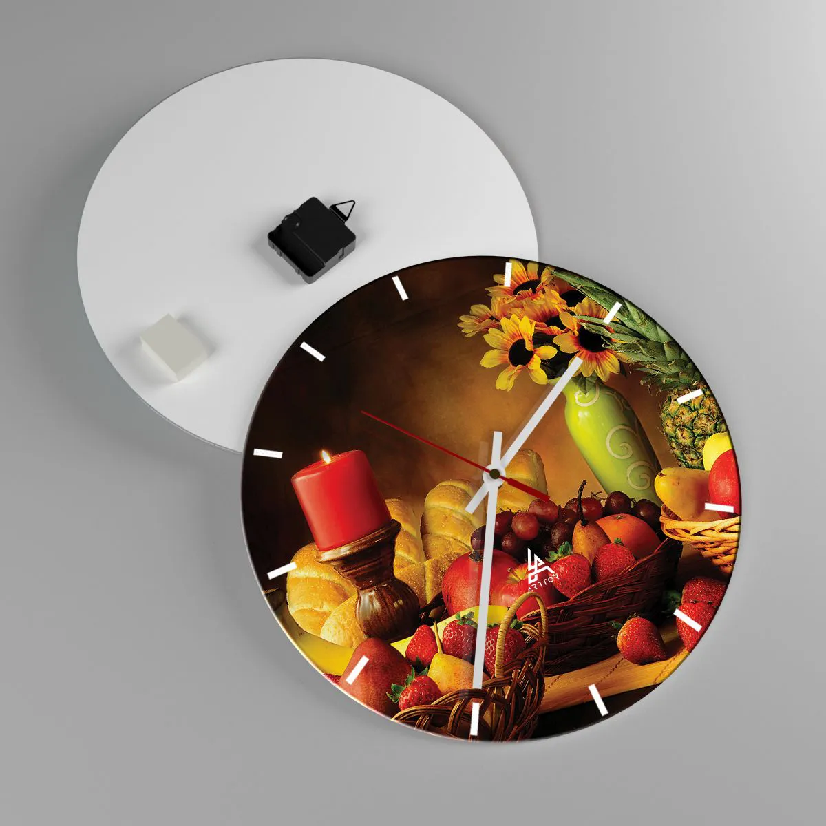 Wanduhr - Glasuhr - Stillleben mit Brot und Obst - 40x40 cm