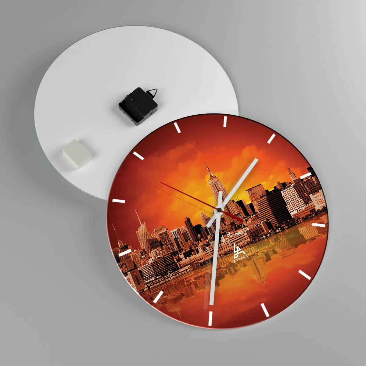 Ceas de perete - Ceas pe sticlă - Panorama unui oraș mare în galben și maro - 40x40 cm