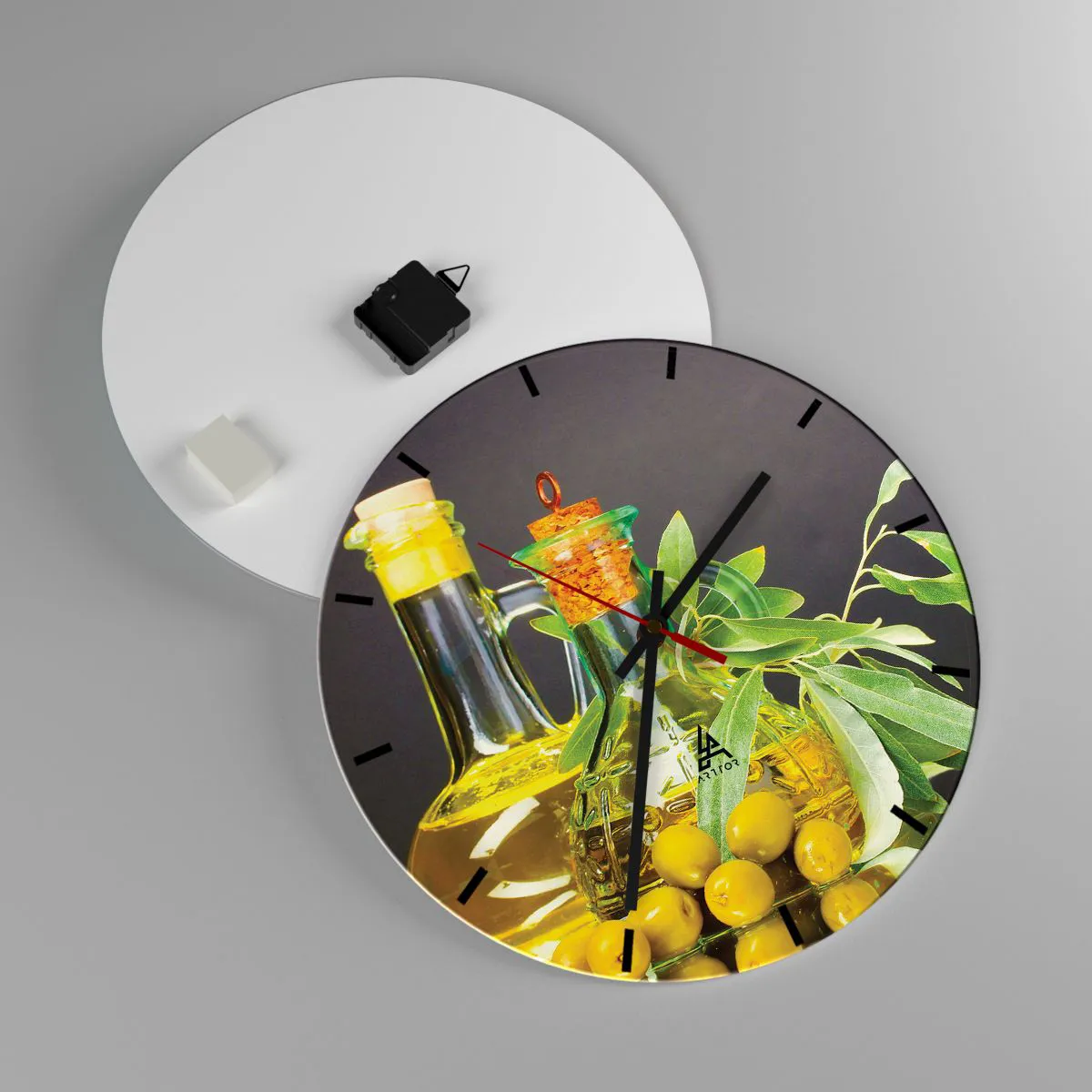 Relógio de parede - Relógio em vidro - Natureza morta com azeitonas e azeite - 40x40 cm