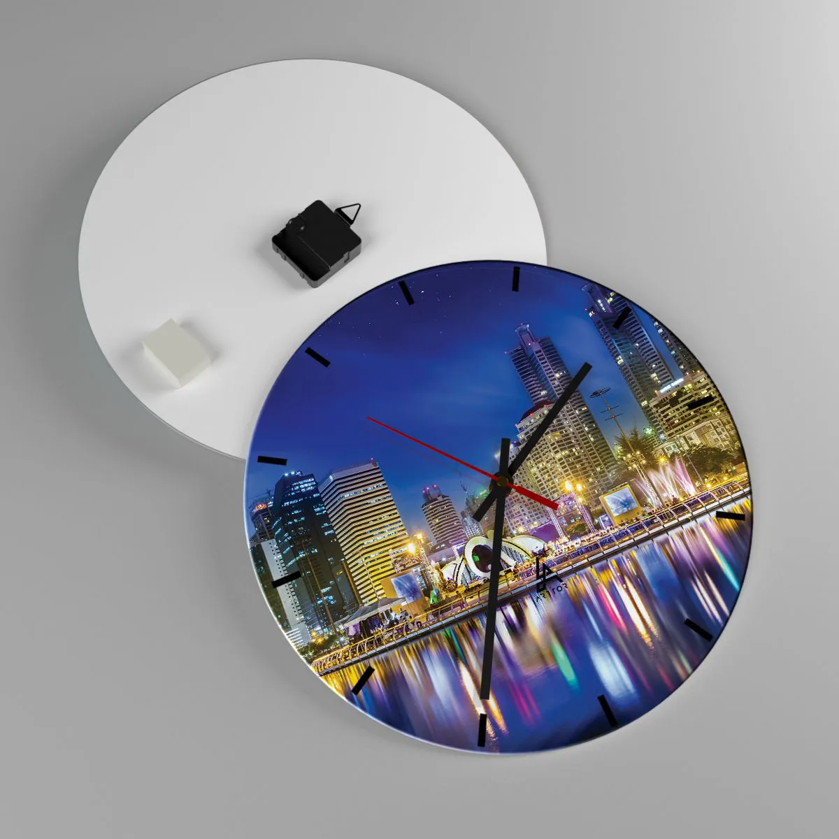 Ceas de perete - Ceas pe sticlă - Noaptea de curcubeu a metropolei - 40x40 cm