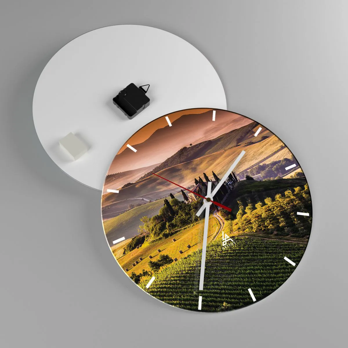 Ceas de perete - Ceas pe sticlă - Arcadia - peisaj toscan - 40x40 cm
