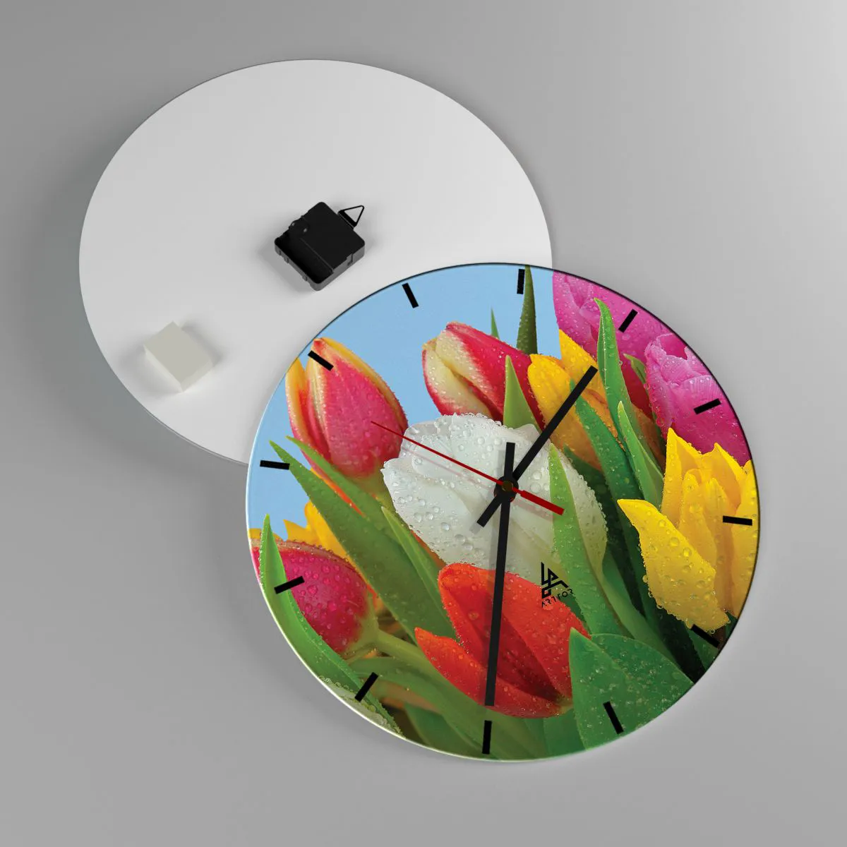 Wanduhr - Glasuhr - Ein blumiger Regenbogen in Tautropfen - 40x40 cm