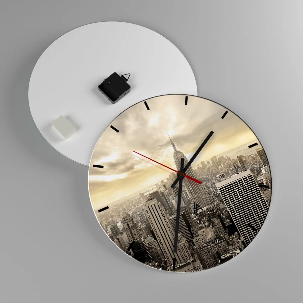 Relógio de parede - Relógio em vidro - Nova Iorque em tons de cinza - 40x40 cm