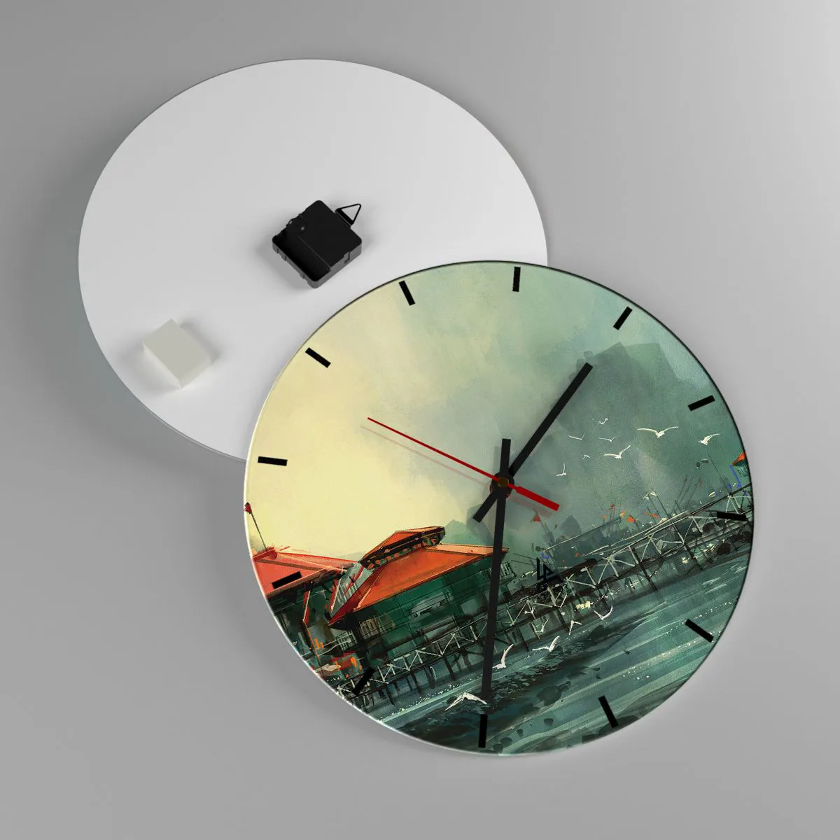 Ceas de perete - Ceas pe sticlă - O zi ploioasă în port - 40x40 cm