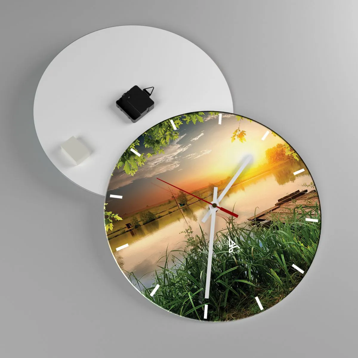 Nástěnné hodiny - Krajina v zeleném rámu - 40x40 cm