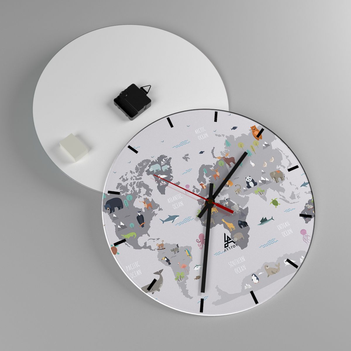 Orologio Da Parete In Vetro Con Mappa Del Mondo, 40x40 Cm, Moderno, Silenzioso, Vetro Temperato Optiwhite 4 Mm, Per Soggiorno E Cucina