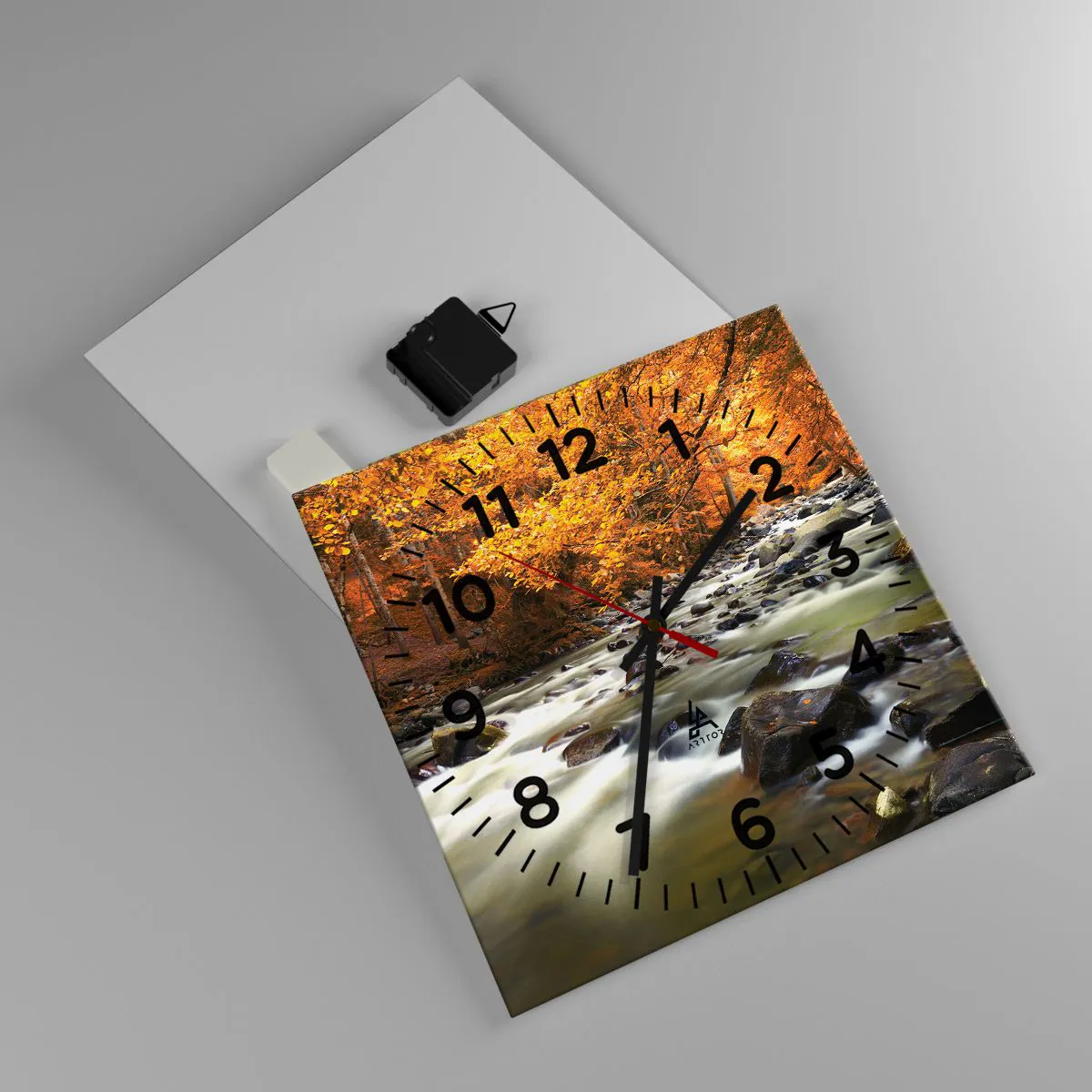 Ceas de perete - Ceas pe sticlă - Un pârâu într-o pădure de aur - 30x30 cm