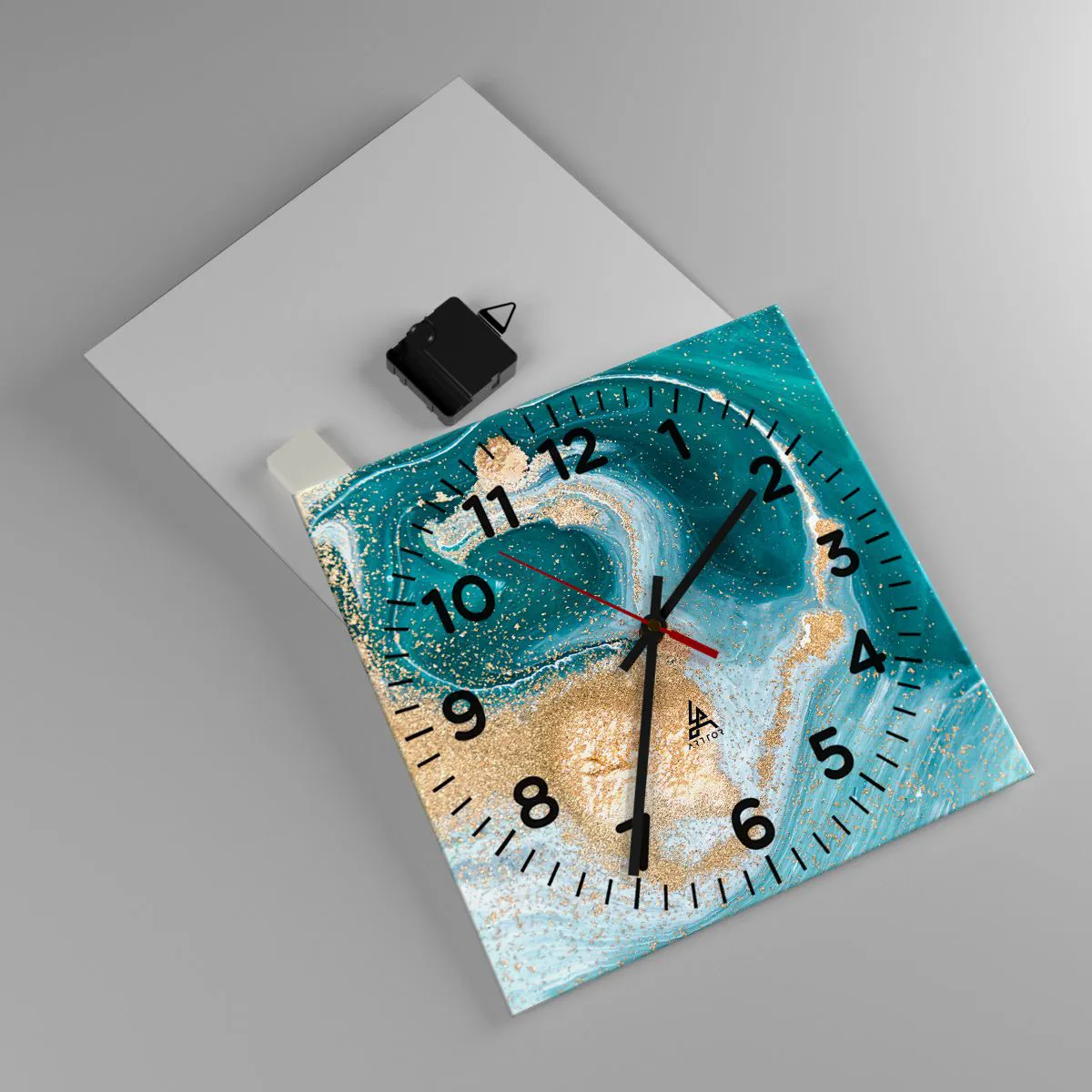 Wanduhr - Glasuhr - Ein Strudel aus Gold und Türkis - 30x30 cm