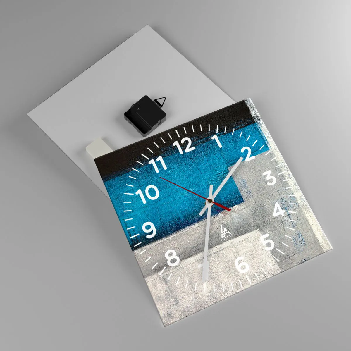 Ceas de perete - Ceas pe sticlă - Compoziție poetică de gri și albastru - 30x30 cm