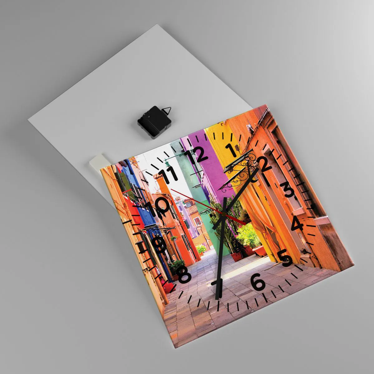 Relógio de parede - Relógio em vidro - Beco arco-íris - 40x40 cm