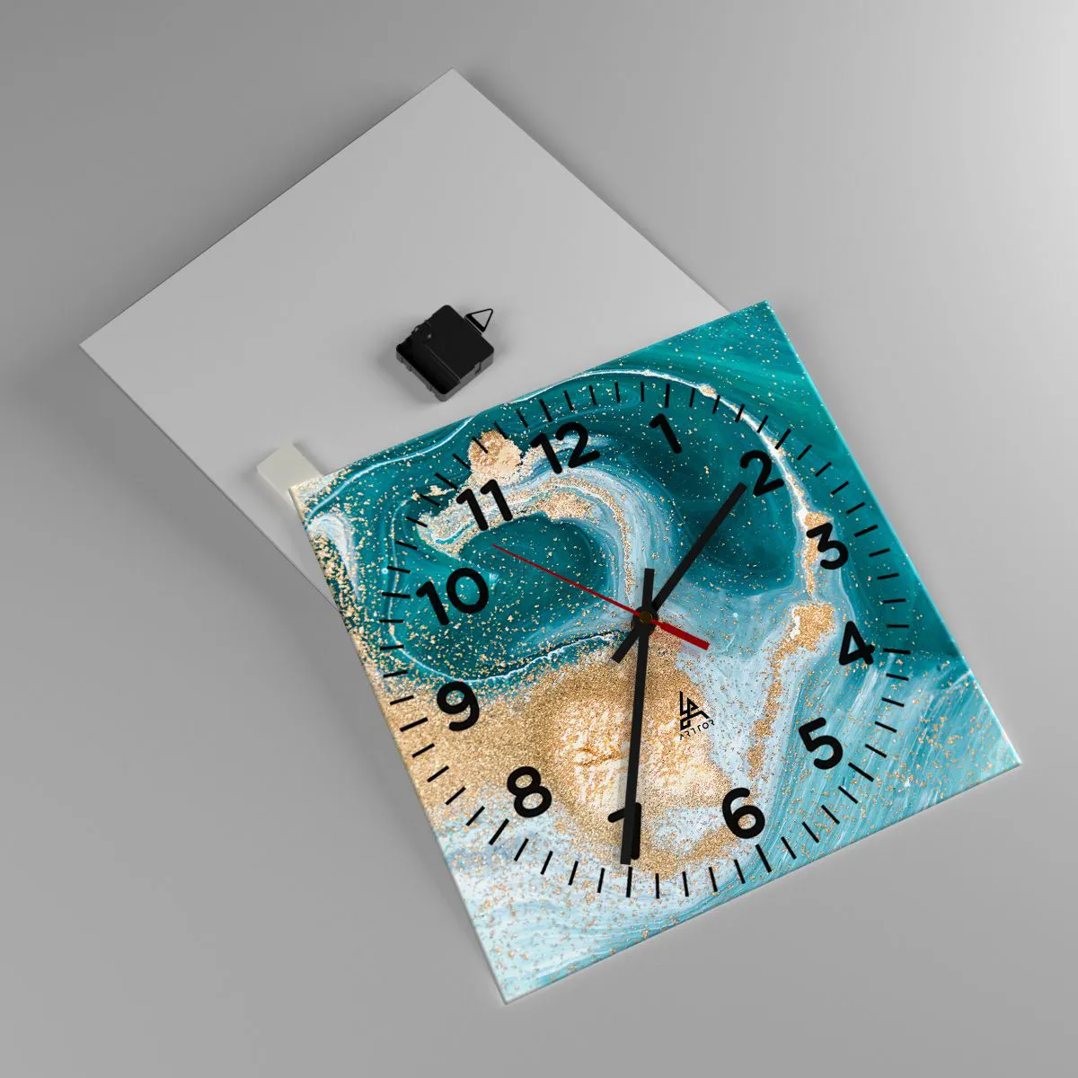 Wanduhr - Glasuhr - Ein Strudel aus Gold und Türkis - 40x40 cm