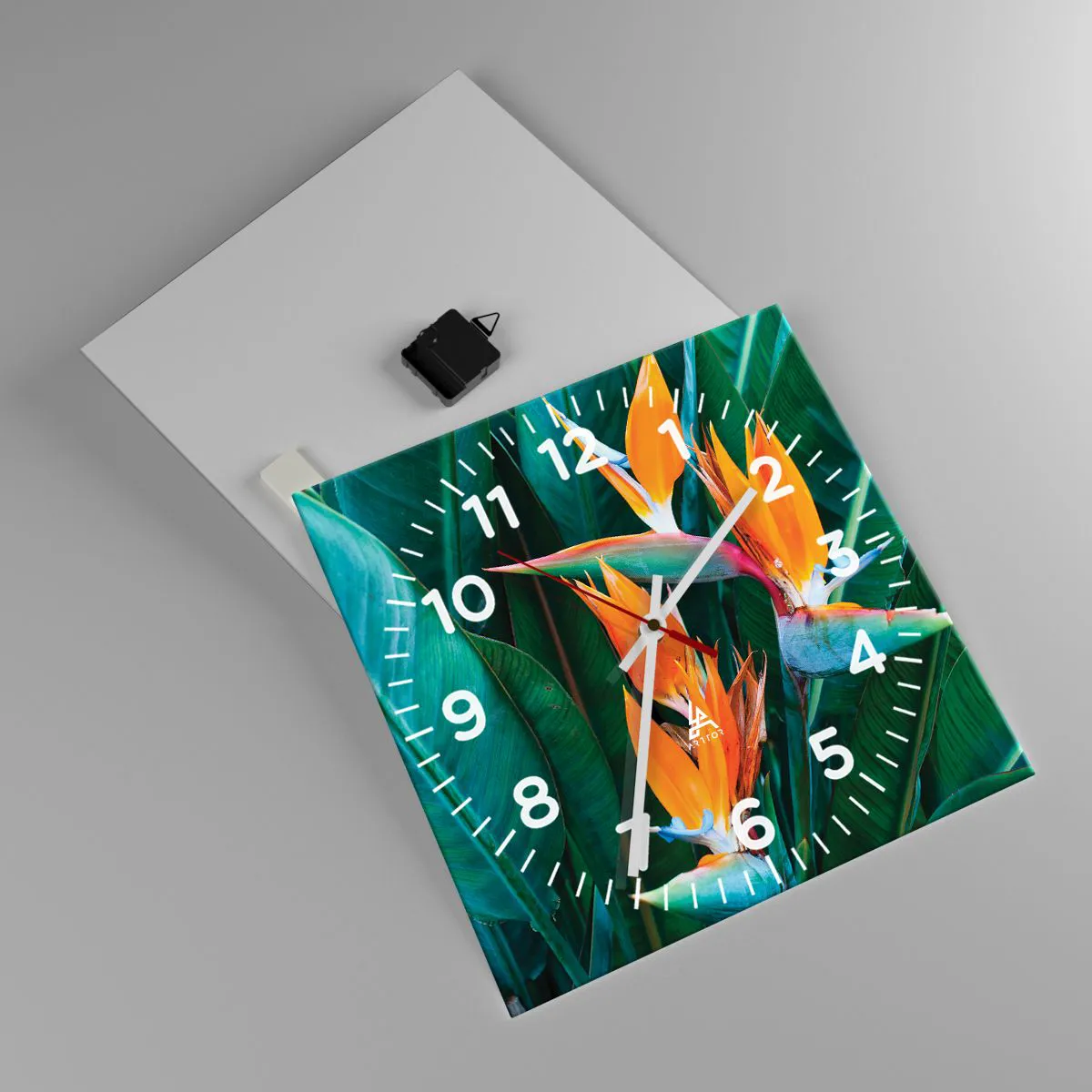 Väggklocka - Klocka på glas - Är det en blomma, eller en fågel? - 40x40 cm