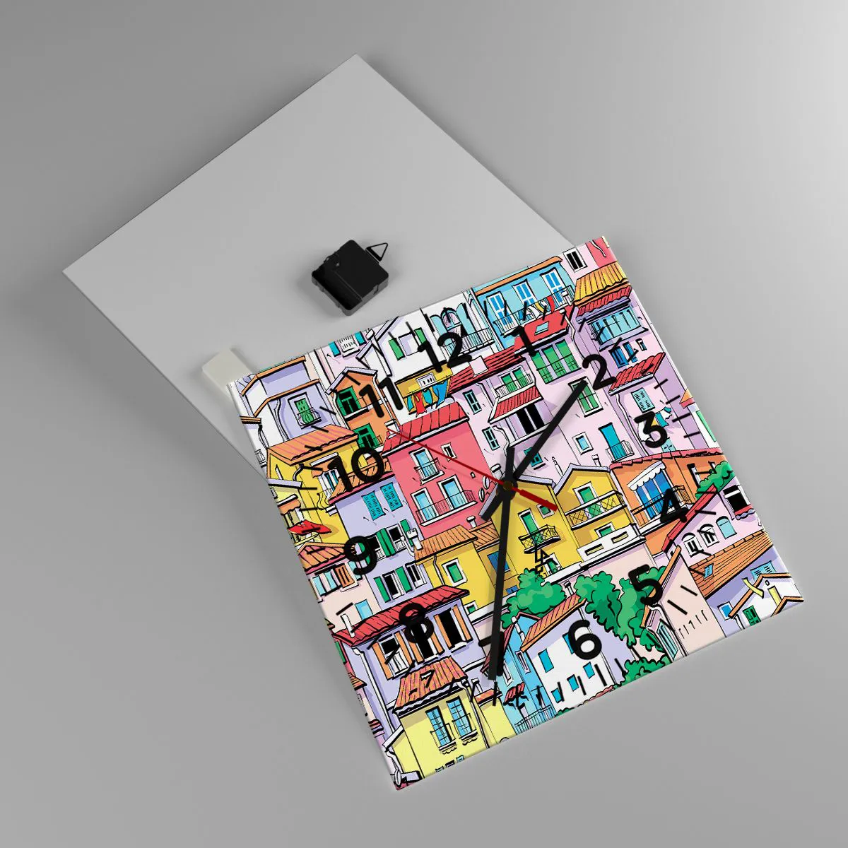 Wanduhr - Glasuhr - Lustige Stadt - 40x40 cm