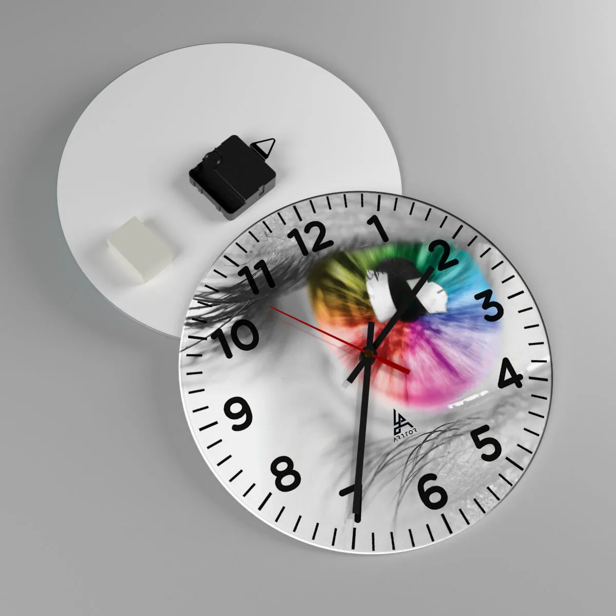 Relógio de parede - Relógio em vidro - Olhar para o mundo a cores - 30x30 cm