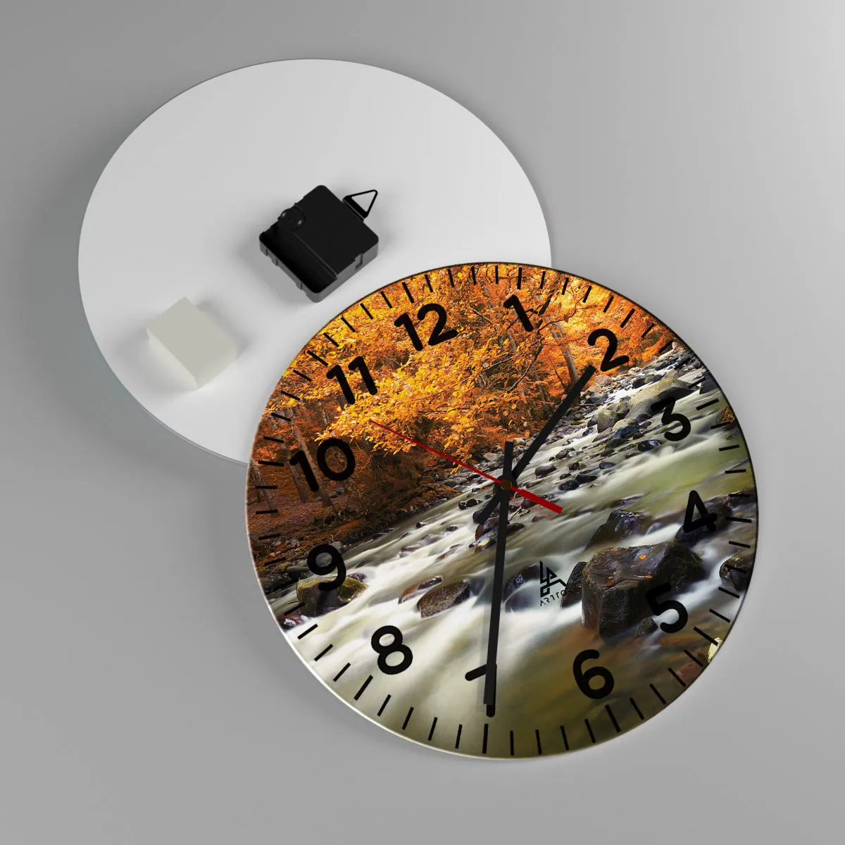 Ceas de perete - Ceas pe sticlă - Un pârâu într-o pădure de aur - 30x30 cm
