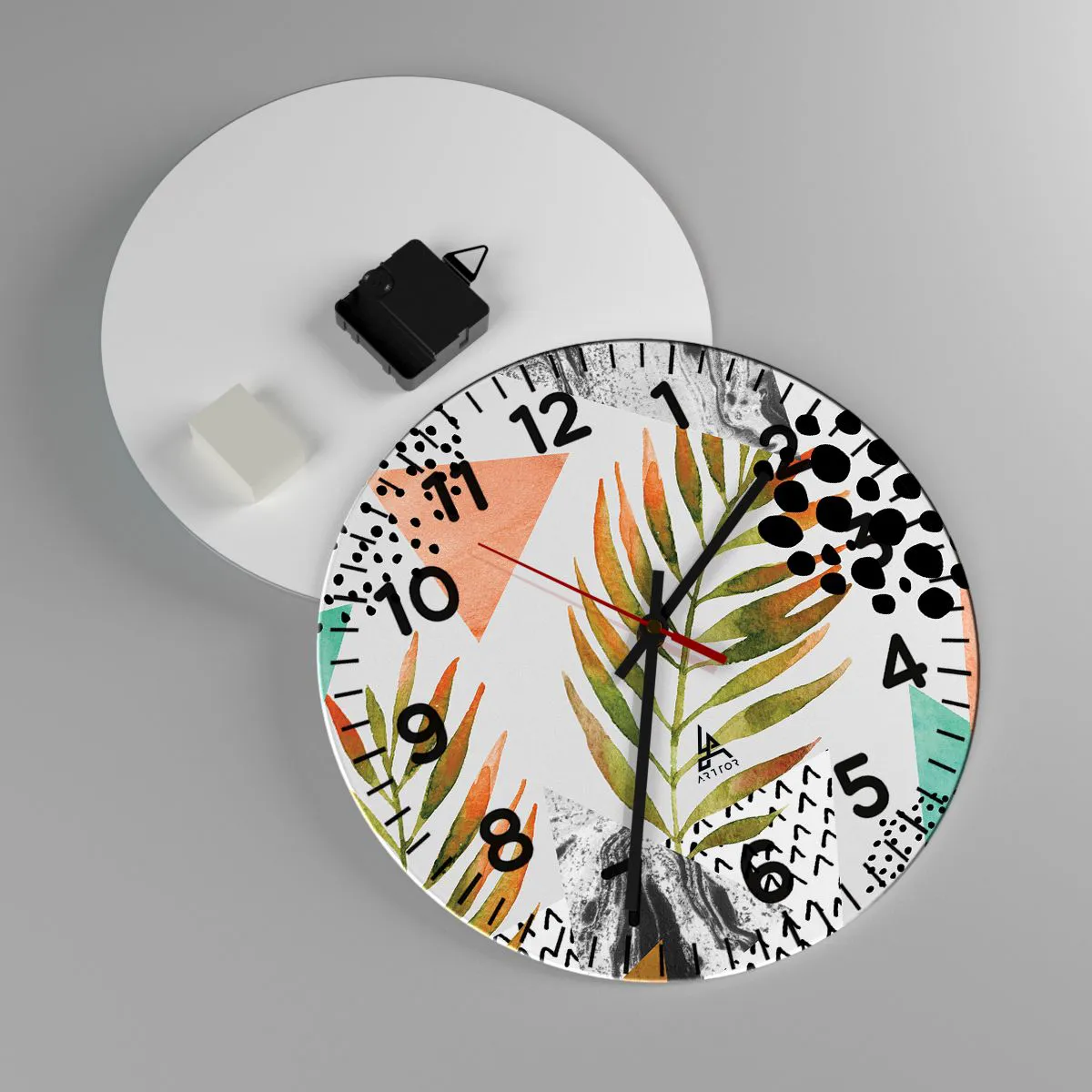 Relógio de parede - Relógio em vidro - Decoração em folha de palmeira - 30x30 cm