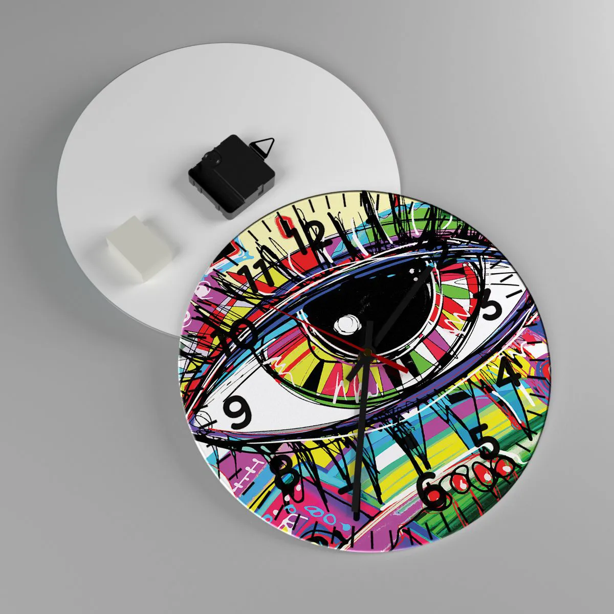Ceas de perete - Ceas pe sticlă - Un ochi colorat - un suflet colorat - 30x30 cm
