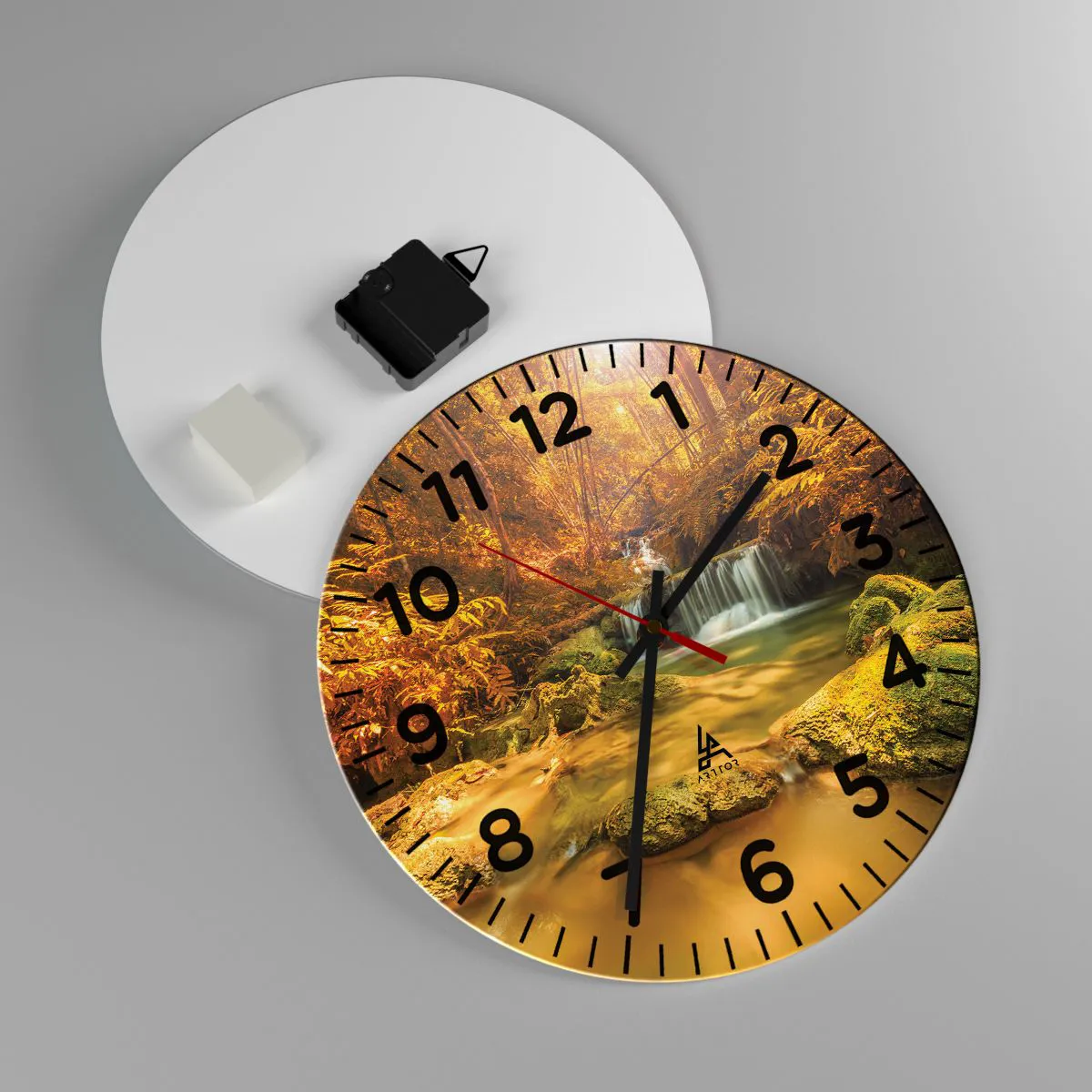 Wall clock - Clock on glass - Forest Cascade in Gold - 30x30 cm