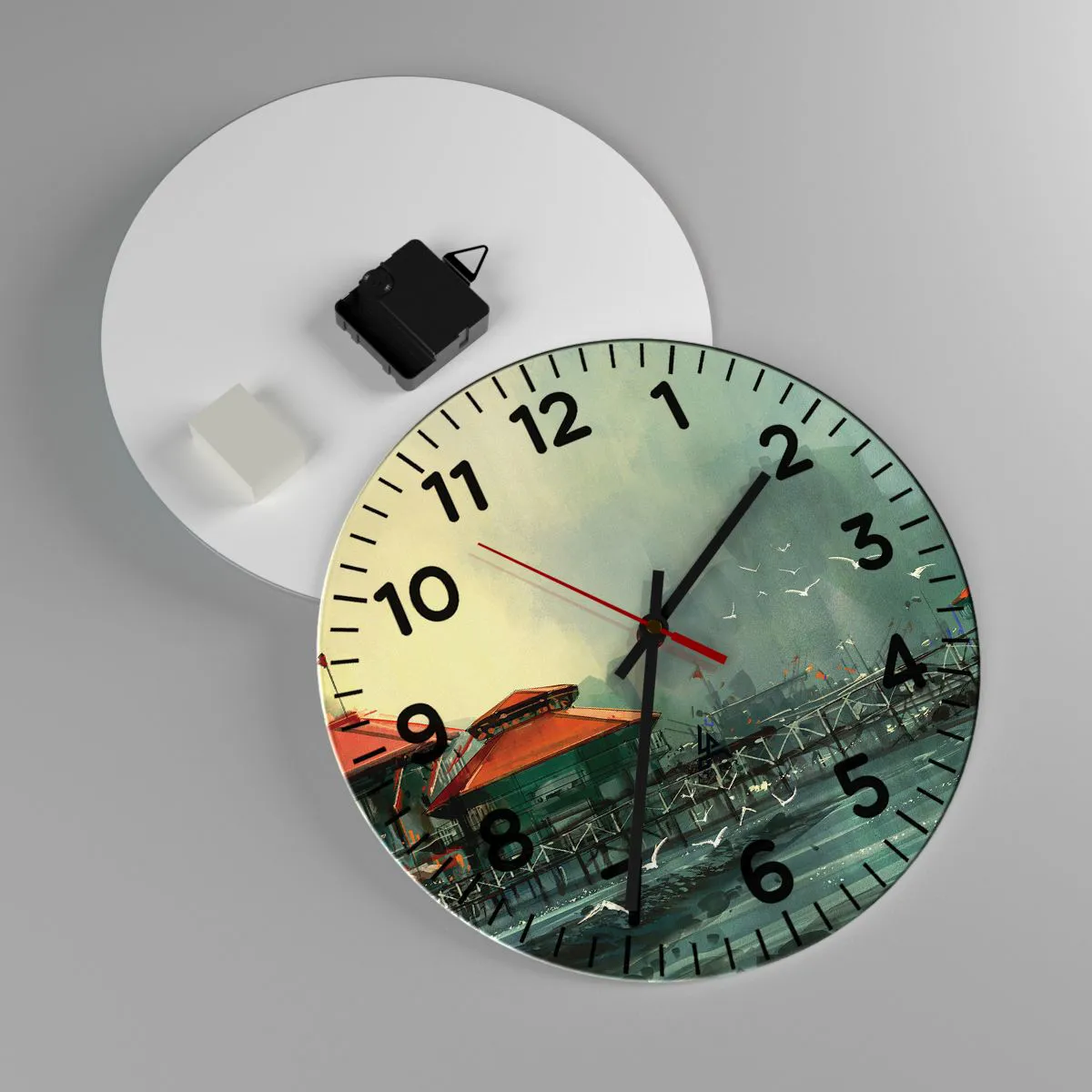 Ceas de perete - Ceas pe sticlă - O zi ploioasă în port - 30x30 cm