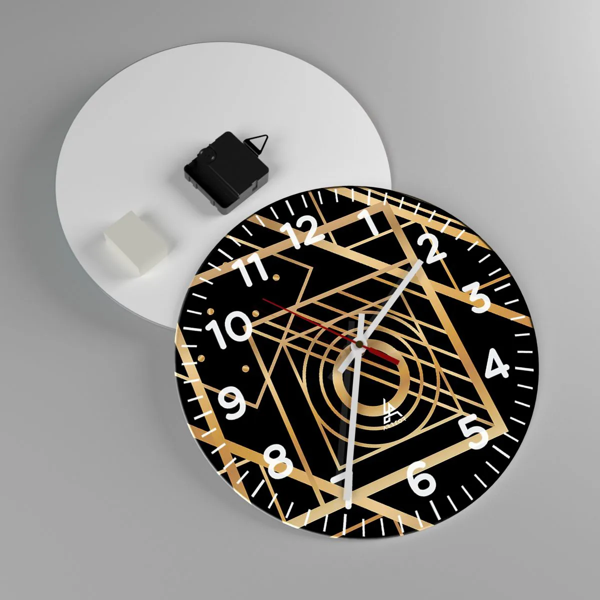 Väggklocka - Klocka på glas - Gyllene geometri - 30x30 cm