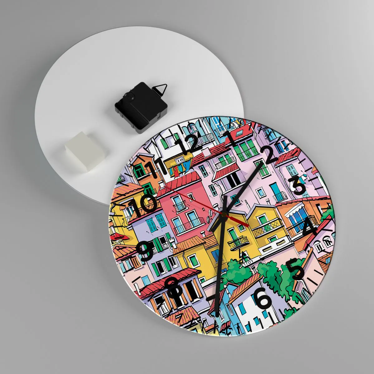 Ceas de perete - Ceas pe sticlă - Oraș vesel - 30x30 cm