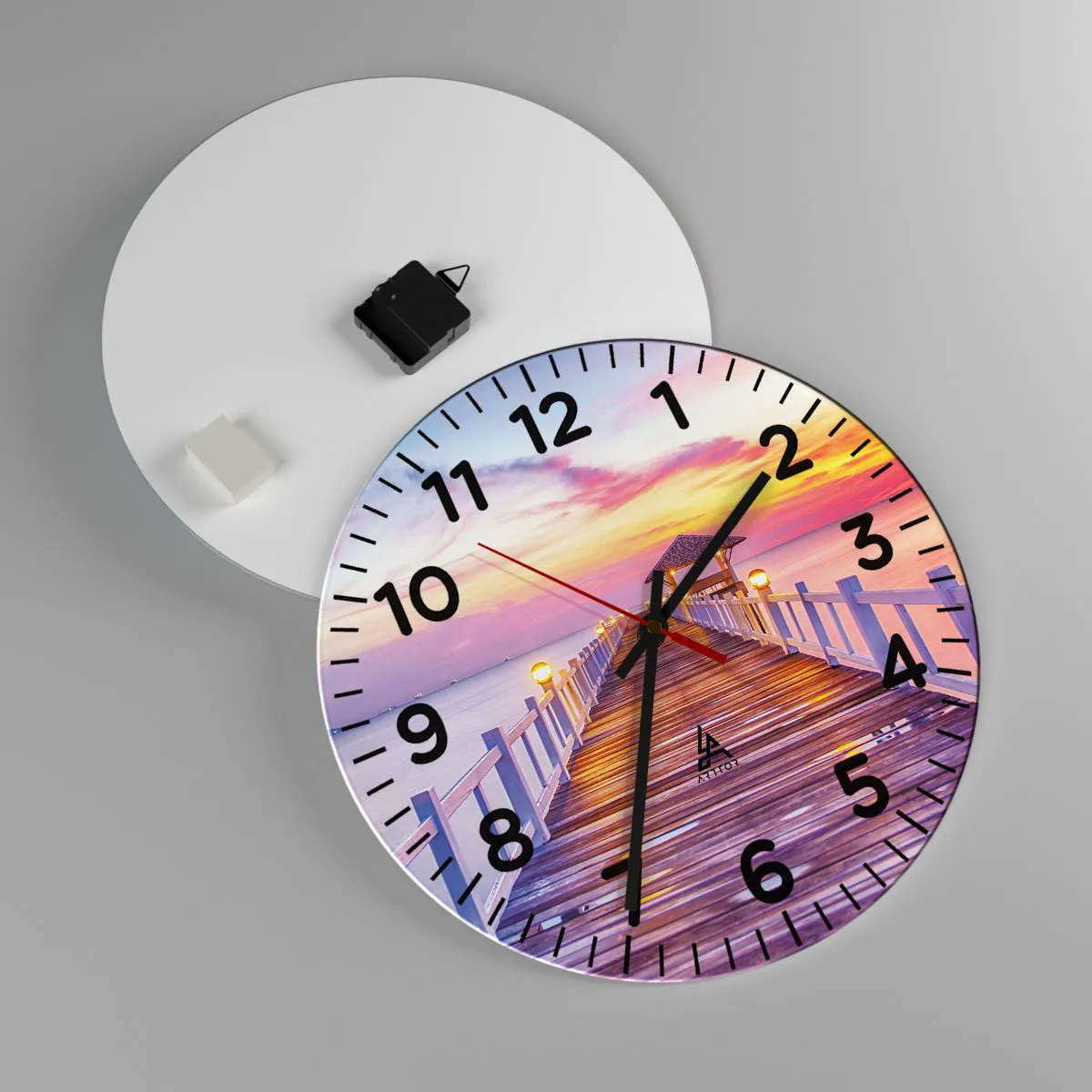 Ceas de perete - Ceas pe sticlă - Tăcerea serii în liliac-auriu - 40x40 cm