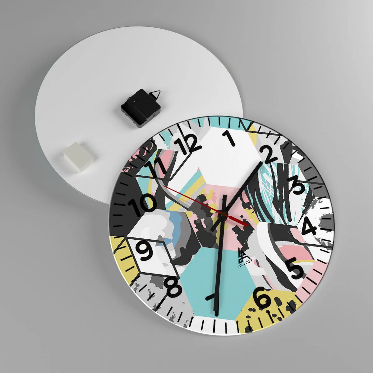 Wall clock - Clock on glass - Hexagons and Cubes in Six Colours - 40x40 cm