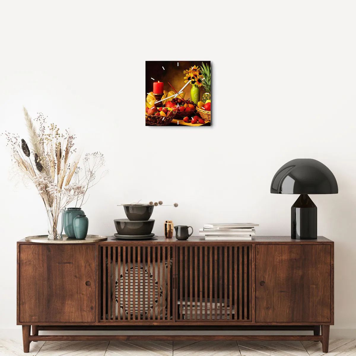 Wanduhr - Glasuhr - Stillleben mit Früchten, Brot, Kerze und Blumen - 30x30cm - Stillleben mit Brot und Obst - Moderne Wanddekoration für Wohnzimmer und Schlafzimmer ARTTOR