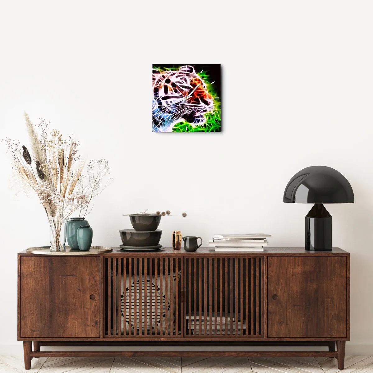 Wanduhr - Glasuhr - Farbenfrohes künstlerisches Porträt eines Tigers im Neonstil auf schwarzem Hintergrund. - 30x30cm - Schreckliche Aura - Moderne Wanddekoration für Wohnzimmer und Schlafzimmer ARTTOR
