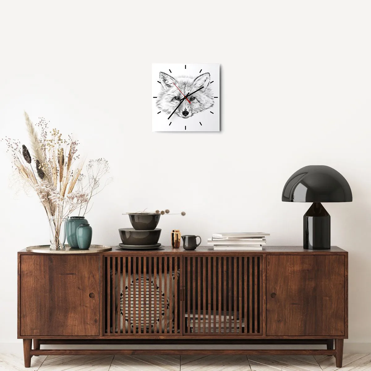 Orologio da parete - Orologio in Vetro - Disegno in bianco e nero di una testa di volpe su sfondo bianco - 30x30cm - Questi occhi possono mentire? - Decorazione murale moderna per soggiorno e camera da letto ARTTOR