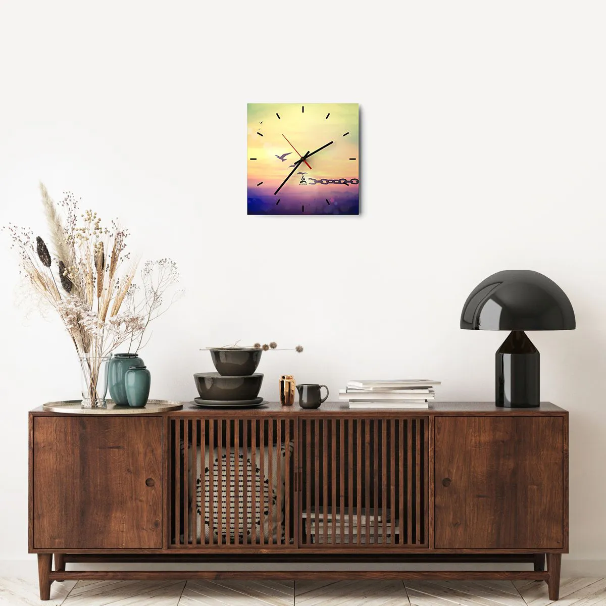 Wanduhr - Glasuhr - Symbol der Freiheit mit Vögeln und einer zerbrochenen Kette - 30x30cm - Der Sieg der Freiheit - Moderne Wanddekoration für Wohnzimmer und Schlafzimmer ARTTOR