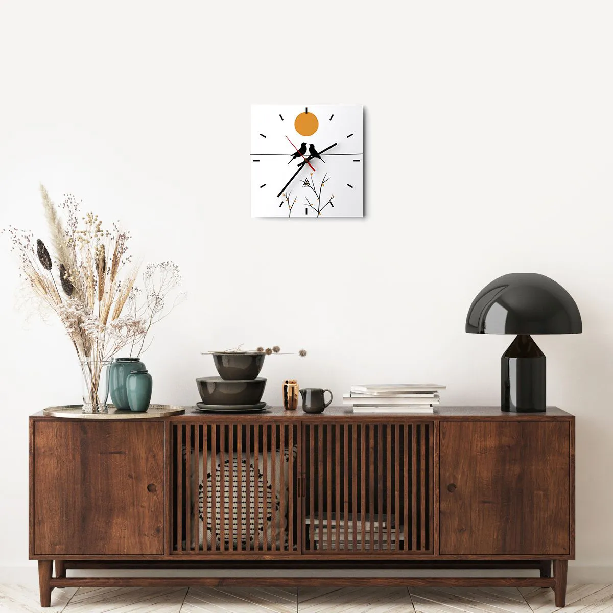 Horloge murale - Pendule murale - Oiseaux sur une ligne avec un soleil jaune - 30x30cm - Soirée pour rossignols - Décoration murale moderne pour le salon et la chambre ARTTOR