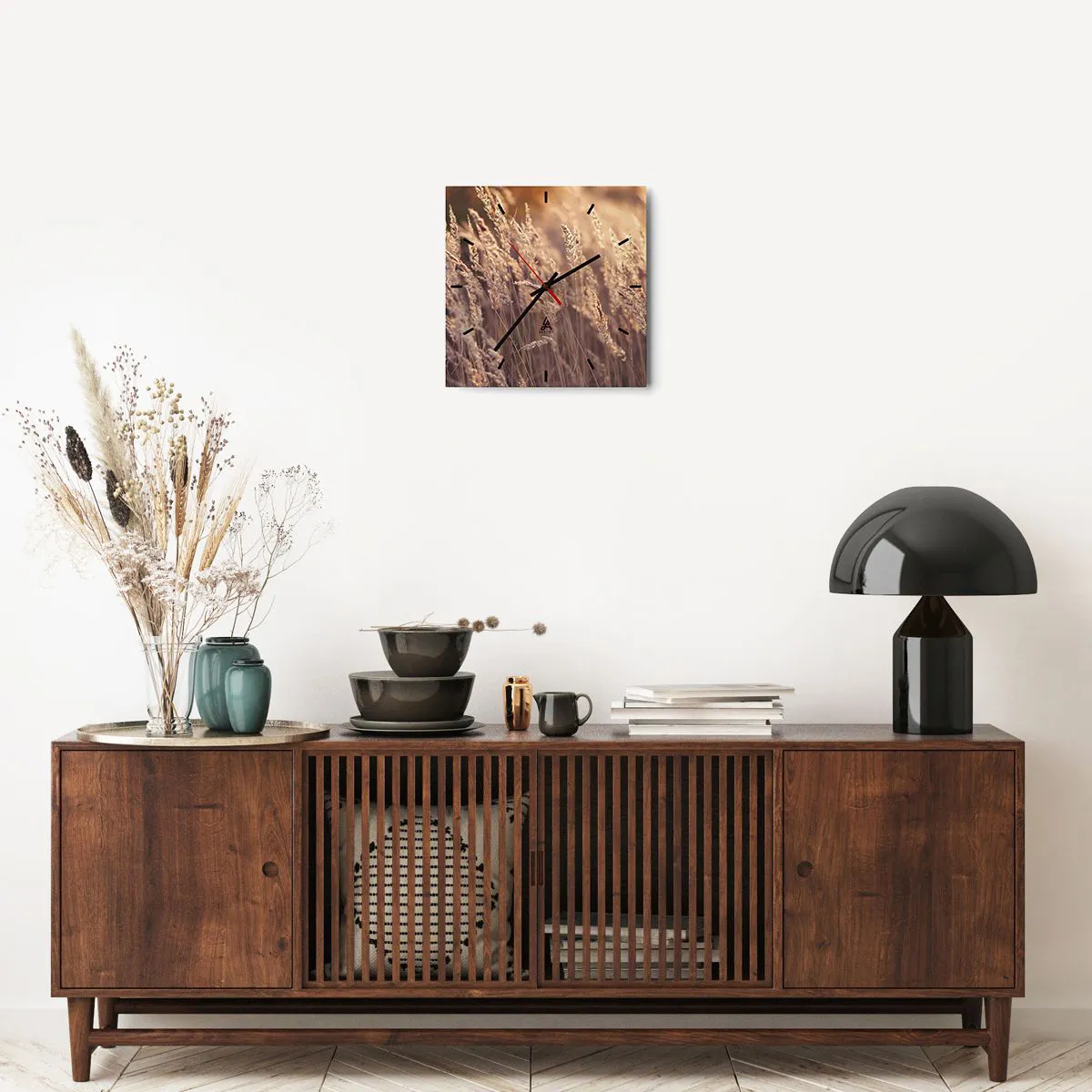 Wanduhr - Glasuhr - Goldene Gräser vor dem Hintergrund der untergehenden Sonne - 30x30cm - Bereit, den Herbst willkommen zu heißen - Moderne Wanddekoration für Wohnzimmer und Schlafzimmer ARTTOR