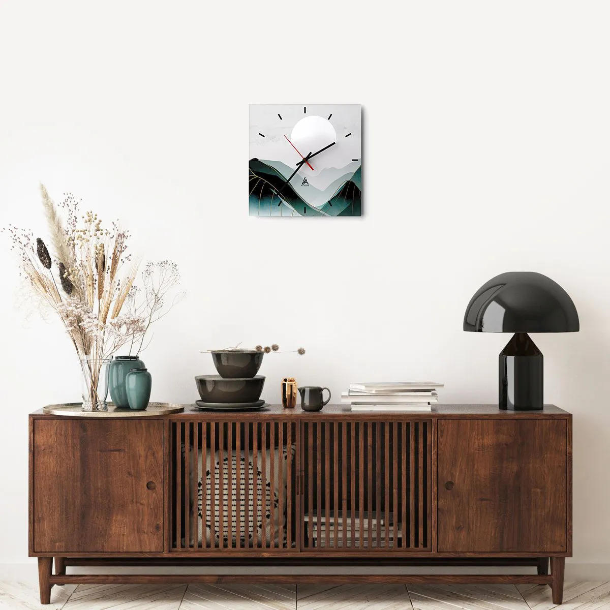 Reloj de pared - Reloj de vidrio - Paisaje montañoso abstracto con la luna y líneas doradas. - 30x30cm - Con toda la majestuosidad - Decoración de pared moderna para salón y dormitorio ARTTOR