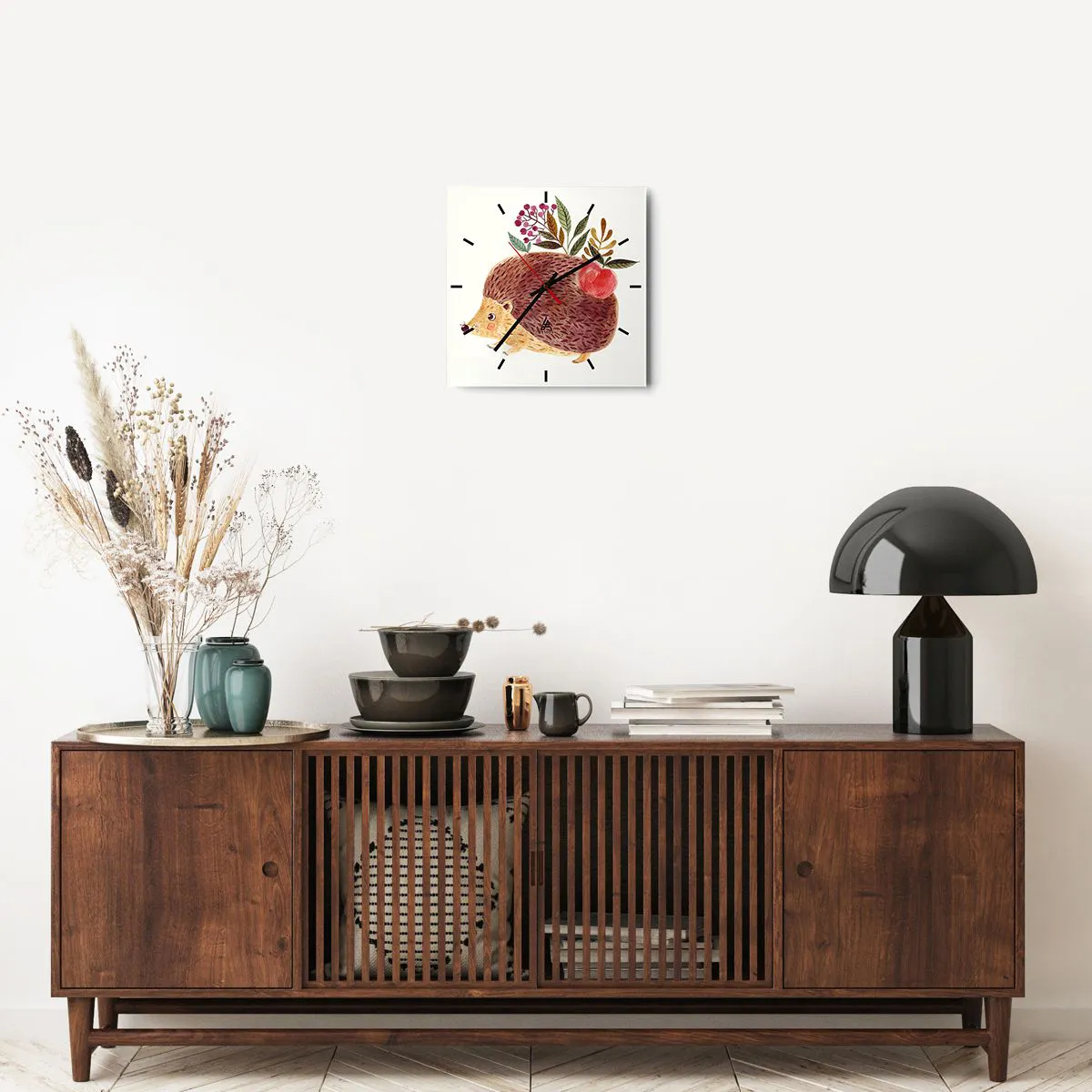Reloj de pared - Reloj de vidrio - Un lindo erizo con una manzana y plantas en un estilo ilustrativo. - 30x30cm - Y ya te gusto - Decoración de pared moderna para salón y dormitorio ARTTOR